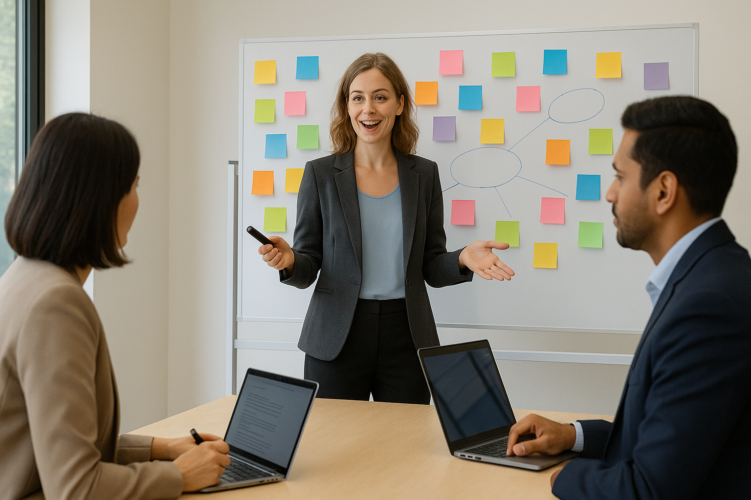 woman offering information on board